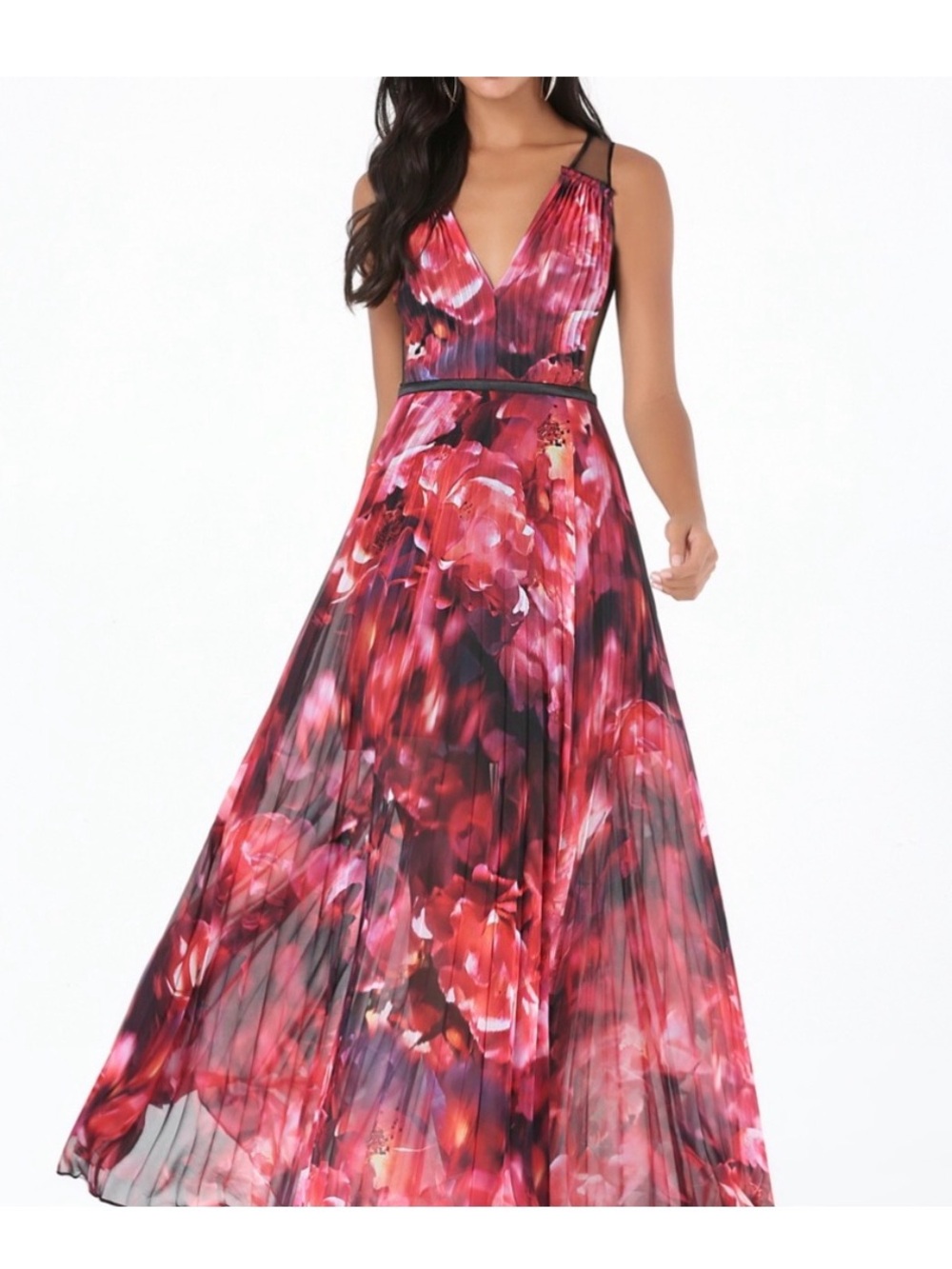 bebe Pleated Floral Maxi Dress in Red and Pink